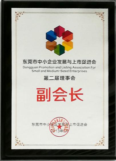 2013年?yáng)|莞市中小企業(yè)發(fā)展與上市促進(jìn)會(huì)第二屆理事會(huì)副會(huì)長(zhǎng)